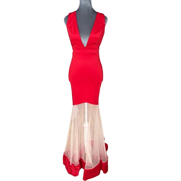 Red Sleeveless Mermaid Gown With Sheer Mesh Detail & Deep V-Neckline - Picture 1 of 9